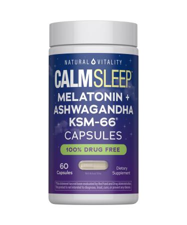 Natural Vitality Calm Sleep Melatonin and Ashwaganda KSM-66 Capsules | 100% Drug Free | 60 Count