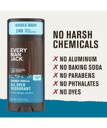 Every Man Jack All Over Deodorant - 24 Hour Whole Body Odor Protection - Aluminum Free - Coconut + Vanilla Scent 2.6 oz (1 Pack) Coconut + Vanilla 2.6 oz (Pack of 1) - Buy Online on GoSupps.com