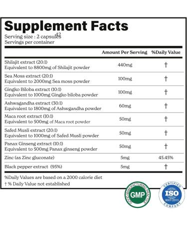 8800mg Shilajit Maca Root Ginkgo Biloba Sea Moss Ashwagandha Panax Ginseng Safed Musli & Zinc| Boost Stamina & Energy 120 Capsules| 95 + minerals| All in One Herbal Supplement for Men & Women All In One -Pack of 1 - Buy Online on GoSupps.com