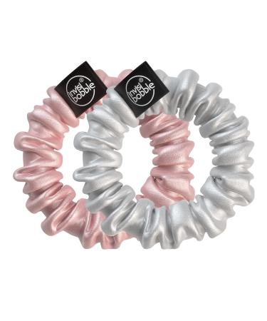 Invisibobble Pink and silver satin hair scrunchies x2 Sprunchie Slim - Scrunchie hair elastic with a spiral elastic inside satin IB-SPSL-HP10002