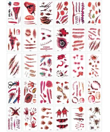 Halloween Tattoos 30 SheetsTemporary Tattoo Realistic Halloween Zombie Scars Wounds Tattoos Bleeding Fake Bloody Scar Wound Scab Stickers for Halloween Cosplay Party