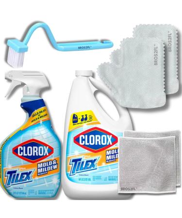 Tile Mold and Mildew Remover with Bleach (32oz Spray + 64oz Refill) Bundle Cleaning Gloves Brush and Multipurpose Wire Miracle Cleaning Cloths (4 Items)