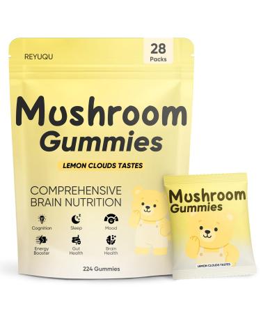 REYUQU Lions Mane Mushroom Gummies 10 000 mg Adaptogenic Mushroom Complex per Serving Vegan Low Sugar/Sugar-Free Brain & Focus Support Supplement 28 Daily Sachets