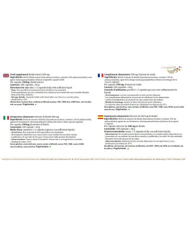 Vita World Reishi Extract 500mg 100 Vegetarian Capsules with Certificate of Analysis Made in Germany - Buy Online on GoSupps.com