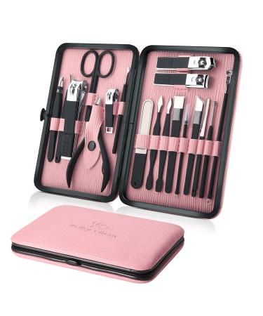 Manicure Set Professional Nail Clippers Kit Pedicure Care Tools- Stainless Steel Women Grooming Kit 18Pcs for Travel or Home (Pink)