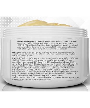 ZenRenu Organic Hemp Cream 4 oz - MSM Turmeric Arnica - Made in USA - Premium Hemp Oil - Buy Online on GoSupps.com