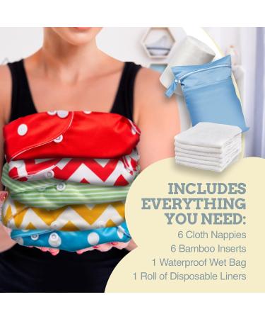 Reusable Nappies - Eco Friendly and Chemical Free Cloth Nappies - Includes 6 Washable Baby Diapers 6 Bamboo Nappy Inserts 1 Roll of Biodegradable Nappy Liner Wet Bag Stripes & Polka Dots - Buy Online on GoSupps.com