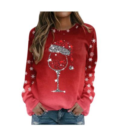 Women's Christmas Sweatshirts Cute Snowman Penguin Print O-Neck Raglan Top Shirt Pullover Comfy Warm Xmas Jumper Winter Long Sleeve Tops Loose Tunic Top Sweaters Z32-red XXL