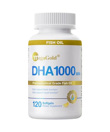 DHA 1000 Fish Oil Omega 3 Supplement - High DHA & 1000mg of Omega-3 Fatty Acids, Burpless Fish Oil Capsules for Men and Women, Supports Brain and Eye Health* - 120 Count Mini Softgels 120 Count (Pack of 1)