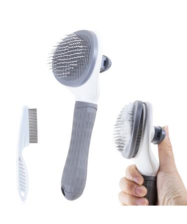 IMAAL Cat Brush with Flea Comb - Slicker Dog Brush - Self Cleaning Cat Dog Brush - Pet Grooming Tool with Smooth Handle - Cat Brush with Release Button (Gray)