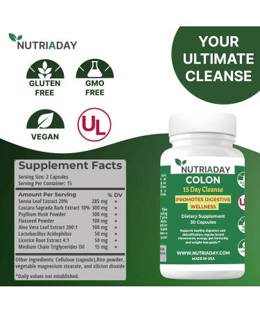 NUTRIADAY Colon 15 Day Cleanse - Advanced Gut Health Solution - Detox Cleanse for Humans with Cascara Sagrada Psyllium Husk & Probiotics - Advanced Colon Cleanse 30 Veg Capsules - Buy Online on GoSupps.com