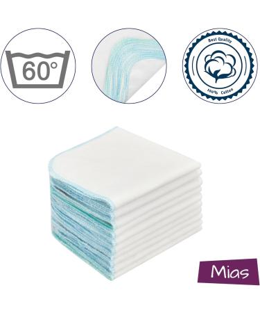 Mias 10 Baby Washcloths - Molton Flannel White-Blue Cotton - Non-Toxic & Soft Baby Cloths - 24x24cm - Buy Online on GoSupps.com
