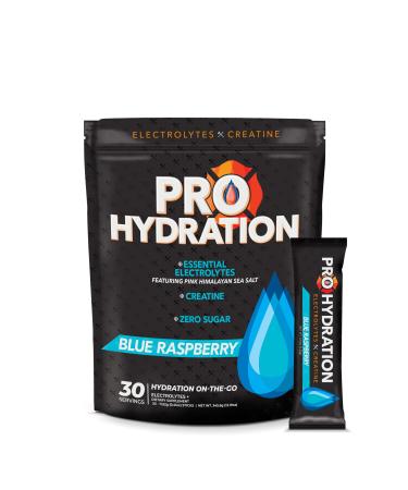 ProHydration - Creatine Electrolyte Packets - Sugar Free Electrolytes - 5g Creatine Monohydrate Powder- Blue Raspberry - 30 Stick Pack