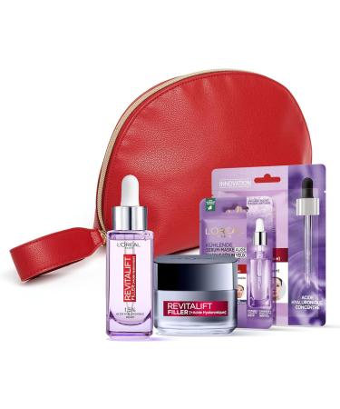 L'Or al Paris Plumping Routine Gift Kit Pure Hyaluronic Acid Hydration Volume & Firmness Anti-Wrinkle Serum Revolumizing Cream & 2 Serum Masks Revitalift Filler 4 products