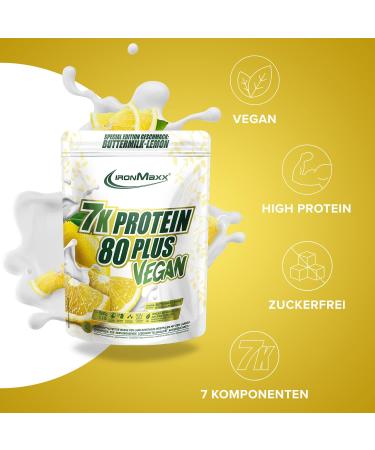 Ironmaxx 7K Protein 80 Plus Vegan Buttermilk Lemon 500g | High Quality Sugar-Free Water-Soluble Protein Powder - 7 Components - Buy Online on GoSupps.com