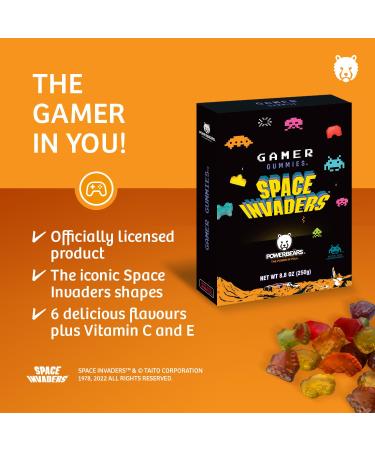 Powerbears Space Invaders Gummy Bear Gift Box - 20% Fruit Juice Vitamins 6 Fruity Flavors (250g) - Perfect International Treat - Buy Online on GoSupps.com