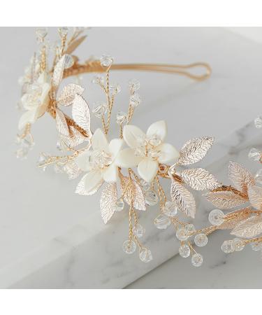 SWEETV Crystal Tiara Bridal Headpiece for Wedding | Gold Flower Leaf Hair Accessory for Women - Buy Online on GoSupps.com