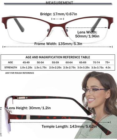 HOTJOJO 3 Pack Blue Light Blocking Women's Reading Glasses 1.75x - Metal Oval Half Frame Readers with Anti Blue Ray Technology and Spring Hinge - Reduce Eye Strain and Headache - Black Red Purple - Buy Online on GoSupps.com