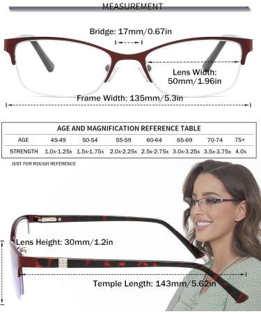 HOTJOJO 3 Pack Women's Blue Light Blocking Reading Glasses | Metal Oval Half Frame Readers with Spring Hinge | Anti Blue Ray | Reduce Eye Strain | 1.5x Magnification Strength | Black Red Purple - Buy Online on GoSupps.com