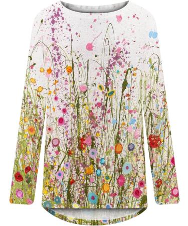 Ganfancp Women's Floral Print Sweatshirt | Round Neck Long Sleeve Tunic Blouse | White Fall Tops - Size Medium - Buy Online on GoSupps.com