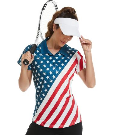 VALANCH Women's Short Sleeve Golf Polo Shirt - Lightweight Tennis Apparel with Large American Flag Print - Buy Online on GoSupps.com
