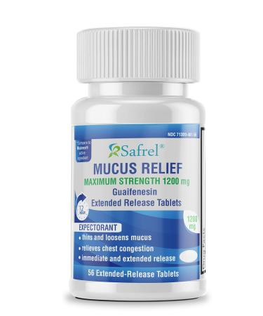 Safrel Mucus Relief, 1200mg Guaifenesin 12 Hour Extended Release, Chest Congestion Expectorant, Thins and Loosens Mucus, Relieves Chest Congestion, Cough, Cold and Flu (56 Count Bottle)