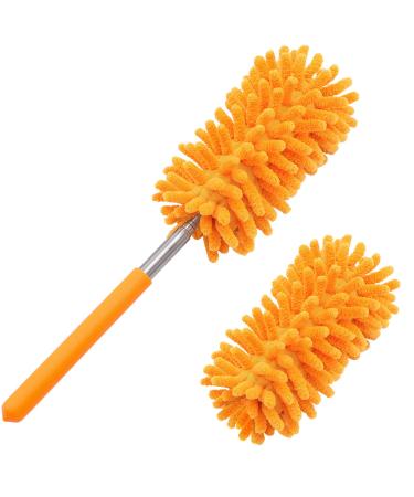 Microfiber Duster for Cleaning, Tukuos Hand Washable Dusters with 2pcs Replaceable Microfiber Head, Extendable Pole, Detachable Cleaning Supplies for Office, Car, Window, Furniture, Ceiling Fan Bright Orange