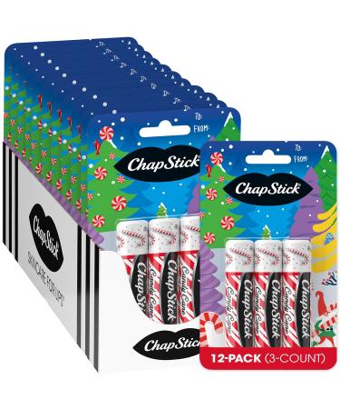 ChapStick Bulk Lip Balm Candy Cane 36-Count (12 Packs of 3) Fresh & Minty Lip Moisturizer Stocking Stuffer 0.15 Oz Ea