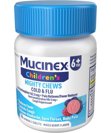 Mucinex Children's Mighty Chews Cold and Flu Medicine Easy to Dose Children's Acetaminophen & Dextromethorphan Kids Cough Medicine Ages 6+ Mixed Berry Flavor 16 Medicated Chewable Tablets Day 16 Count (Pack of 1) - Buy Online on GoSupps.com