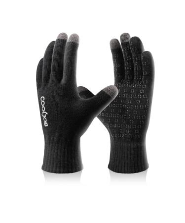 Cool job gloves for men and women winter warm knitting gloves with touchscreen anti-slip-silicone points running driving cycling walking hiking L-XL black
