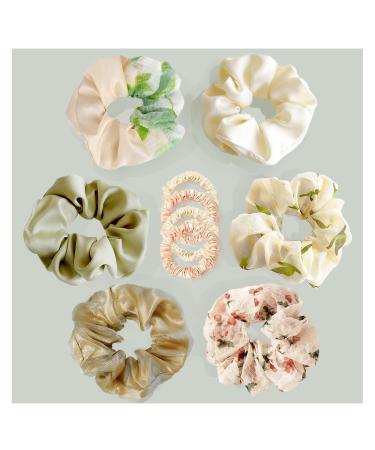 Cute Hair Scrunchies Satin Scrunchy Hair Ties - 10 Pcs Soft Silk Like Satin Mini Small Scrunchies  Elastics Thick Hair Bands Ponytail Holder of Floral Flower Scrunchies for Women and Girl (Sage Green  White  Pink  Summer...