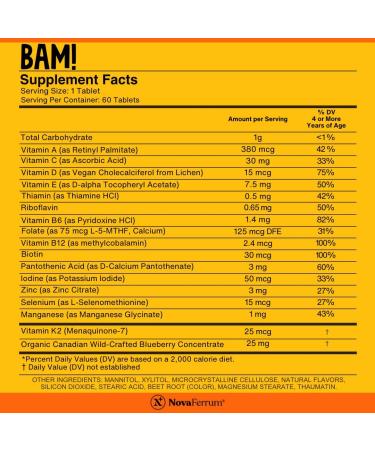 NovaFerrum BAM Chewable Multivitamin for Kids & Adults Ages 4 and Above - Fruit Blast Flavor - 60 Chewable Tablets - with Vitamins A, C, D, E, B6, B12, Biotin, Zinc, Selenium & Manganese - Buy Online on GoSupps.com