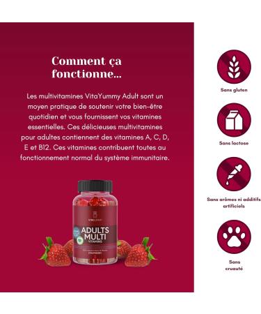 VitaYummy Strawberry Multivitamin Gums for Adults - Vegan Jelly Cubs as Food Supplement - Vitamin A C D B12 and Zinc Supports the Immune System 60 Sweets - Buy Online on GoSupps.com