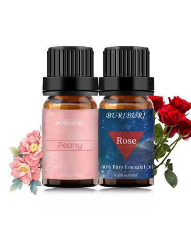 BURIBURI Rose Oil and Peony Essential Oil Set 2 Pack 100% Pure Diffuser Rose Essential Oil 10ml for Massage Soap Making Rose+Peony 0.33 Fl Oz (Pack of 2)