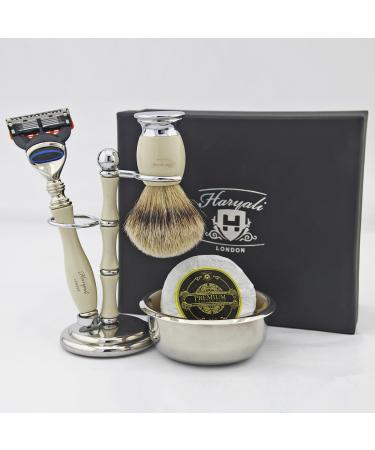 Ivory -colored shaving set for men with a purely remasuri pointed roof hair brush stand stainless steel bowl and free soap.Perfect as a gift this Christmas