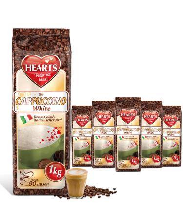 HEARTS Cappuccino White Line 5 Cans of Powdered Coffee 1 kg, Intense Aroma, Soluble, Milky, Creamy with Vanilla Flavor, Pack of 5, Enough for 400 Cups