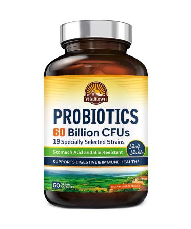 Vitalitown Probiotics + Prebiotics | 60 Billion CFUs 19 Strains | 60 Delayed Release Veg Caps | Shelf Stable, Stomach Acid & Bile Resistant | Digestive & Immune Support | Vegan, Non-GMO, No Dairy
