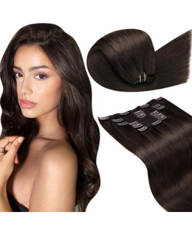 Laavoo real hair clip in extensions brown clip extensions real hair 120g clip in extensions hair extension real hair dark brown real hair extensions clips smooth 40cm 7pcs #2 40cm-12 #2