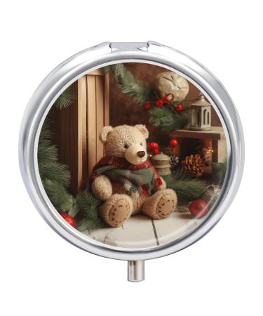 Pill Box Pill Case 3 Compartment Travel Pill Box Xmas Tree Branch Bear Doll Printing Small Pill Box Portable Medicine Pill Case Pill Organizer for Purse & Pocket for Travel Handbag (Round)