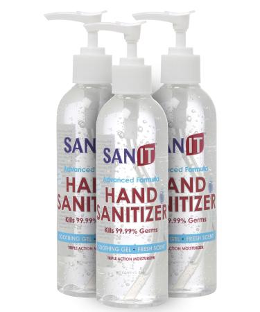 Sanit Moisturizing Hand Sanitizer Gel 70% Alcohol with Pump - Kills 99.99% Germs Advanced Formula with Vitamin E and Aloe Vera - Soothing Gel Fresh Scent Made in USA - 8 oz - 3 Pack 8 Fl Oz (Pack of 3)