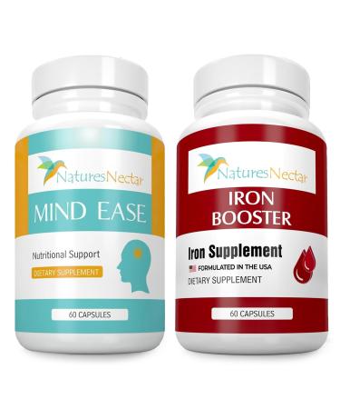 Nature's Nectar Migraine & Iron Support Bundle Feverfew for Migraine Relief + Blood Builder Iron Supplement for Men & Women (60 Capsules Each)