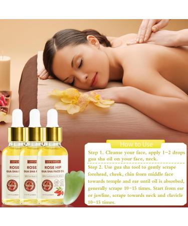 3 Pack Face Oil Gua Sha Set - Organic Rosehip Seed Oil Vitamin E & C - Facial Massage Oil & Gua Sha Tool - Buy Online on GoSupps.com