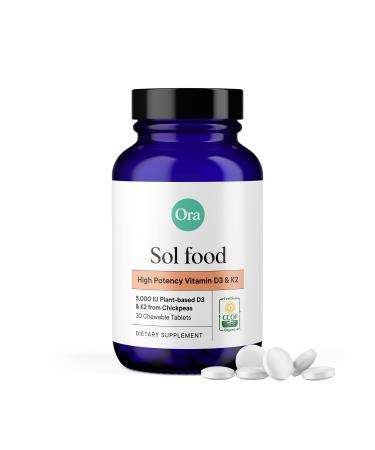 Ora Organic Vitamin D3 5000IU + K2 - Vegan Vitamin D from Lichen and K2 from Chickpeas for Bone Health, Immune Support, & Mood, Maximum Absorption - 1 Month Supply, 30 Chewable Tablets 1 Count (Pack of 30) Organic Tablets -