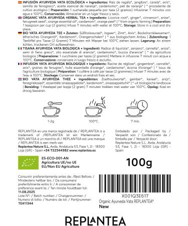 Ayurveda Tea Vata Organic 100g (50 Cups) | Herbal Loose Leaf Tea with Liquorice Ginger Cinnamom Fenugreek Cardamom Orange REPLANTEA - Buy Online on GoSupps.com