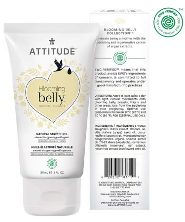 ATTITUDE Blooming Belly Stretch Oil - Almond & Argan 5 fl. oz. | Pregnancy-Safe & Hypoallergenic - Buy Online on GoSupps.com