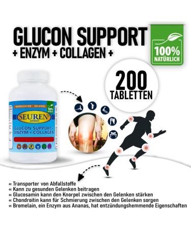 Seuren Nutrients Glucon Support - 200 Tablets | Glucosamine Collagen & Enzymes | Gluten-Free Lactose-Free Sugar-Free 100% Natural Supplements for Joint Health - Buy Online on GoSupps.com