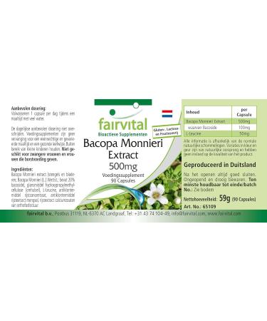 Fairvital Bacopa Monnieri Extract 500mg Brahmi Capsules - Vegan Formula Without Magnesium Stearate | 90 Capsules - Buy Online on GoSupps.com