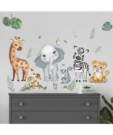 decalmile Jungle Animals Wall Decals Elephant Giraffe Safari Wall Stickers Baby Nursery Kids Room Living Room Wall Decor