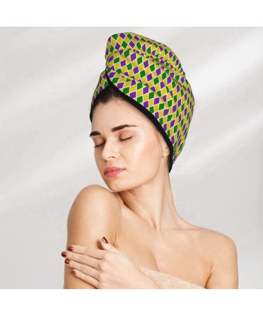 Hair Towel Wrap - Quick Drying Towel Turban with Button in Mardi Gras Purple Yellow Plaid - Perfect for Easy Hair Drying - Buy Online on GoSupps.com