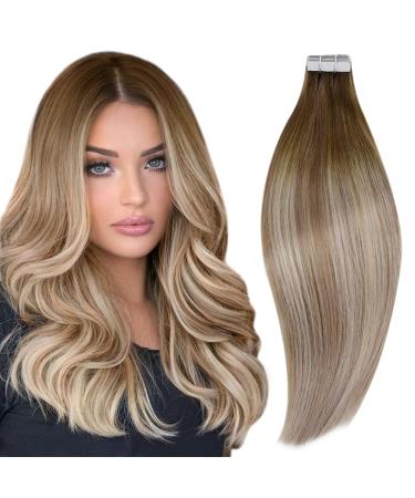 RUNATURE Tape in Human Hair Extensions Blonde Ombre Brown Tape in Extensions Real Hair Blonde Balayage Tape in Hair Extensions Human Hair 12 Inch 30 Gram 12 Inch 1-Tape #3/8/22